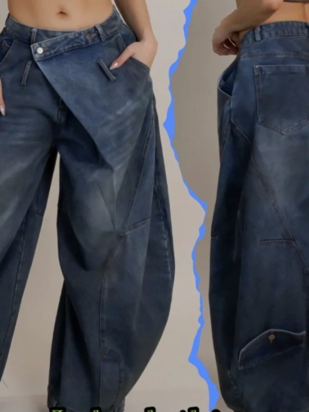 Wide Leg Dark Wash Denim Cargo Pants